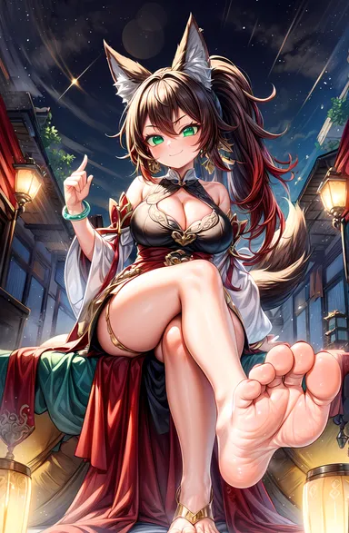 foopanthia, honkai (series), honkai: star rail, tingyun (honkai: star rail), 1girls, 5 toes, alternate breast size, bare legs, barefoot, blush, brown hair, clothed, crossed legs, feet, female, female focus, female only, foot fetish, foot focus, from below, green eyes, legs, looking at viewer, looking down, sitting, smile, sole female, soles, solo, solo female, solo focus, teasing, thick thighs, thighs, toes, absurd res, absurdres, ai generated, hi res, high resolution, highres