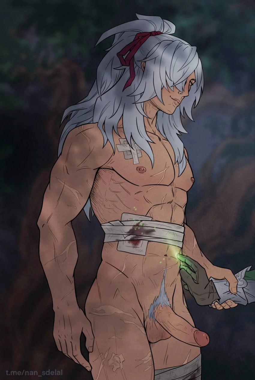 honkai (series), honkai: star rail, character request, jing yuan, abs, bandaged leg, bandaged torso, bandages, blood, brown gloves, clothed male nude male, completely nude, erection, gloves, grey hair, male focus, muscular, muscular male, natalia kikicheva, nude, orange eyes, pectorals, penis, ponytail, russian commentary, scar, scar on arm, smile, commentary request, highres