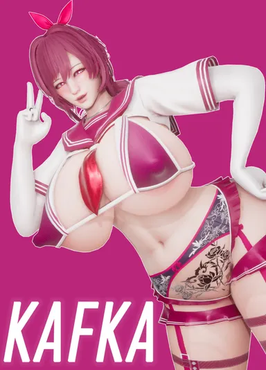 arcrad, honkai: star rail, kafka (honkai: star rail), 1girls, big breasts, bikini, breasts, busty, curvaceous, curvy, curvy body, curvy female, curvy figure, female, heart-shaped pupils, huge breasts, large breasts, peace sign, pink eyes, slutty outfit, voluptuous, 3d