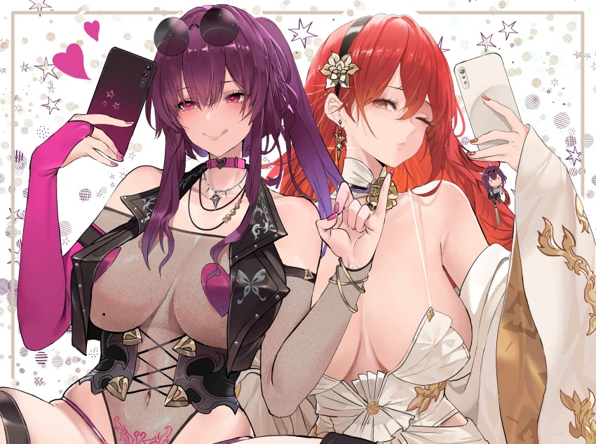 dishwasher1910, honkai (series), honkai: star rail, himeko (honkai: star rail), kafka (honkai: star rail), 2girls, breasts, female, huge breasts, light skin, light-skinned female, long hair, naughty face, pasties, purple hair, red hair, selfie, thick thighs, wide hips