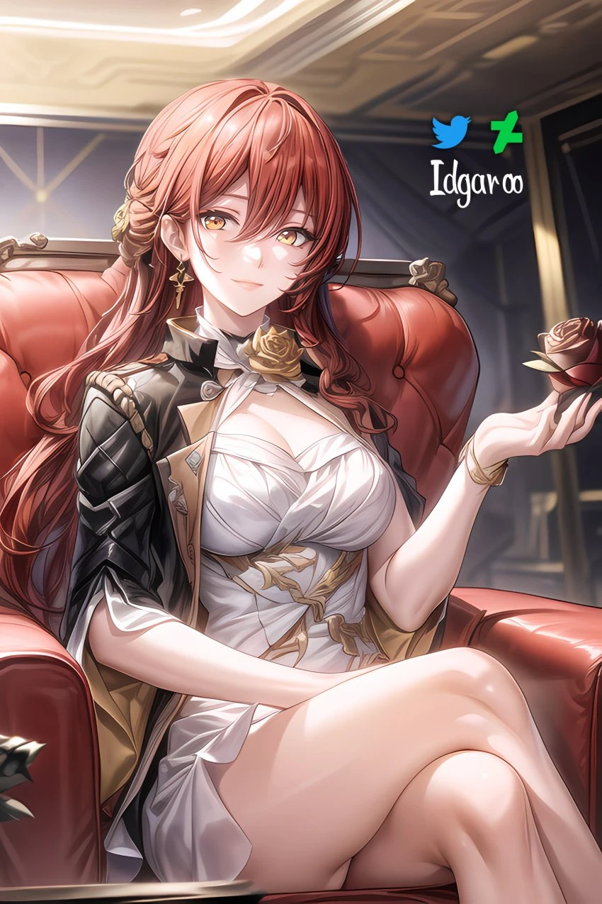 idgaroo, stable diffusion, honkai (series), honkai: star rail, himeko (honkai: star rail), crossed legs, large breasts, long hair, looking at viewer, red hair, sitting, white dress, yellow eyes, absurd res, ai generated, hi res