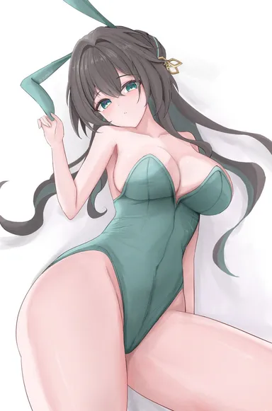 honkai (series), honkai: star rail, ruan mei (honkai: star rail), 1girls, black hair, blush, breasts, bunny ears, bunny girl, bunnysuit, collarbone, green eyes, hips, long hair, lying down, skimpy clothes, thick thighs, tight clothing, tilted head, highres