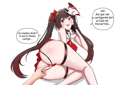 devil4826, honkai: star rail, sparkle (honkai: star rail), 1girls, anal, anal fingering, anal only, anal only panties, brown hair, dress, female, female focus, huge ass, red eyes, twintails, spanish text, text