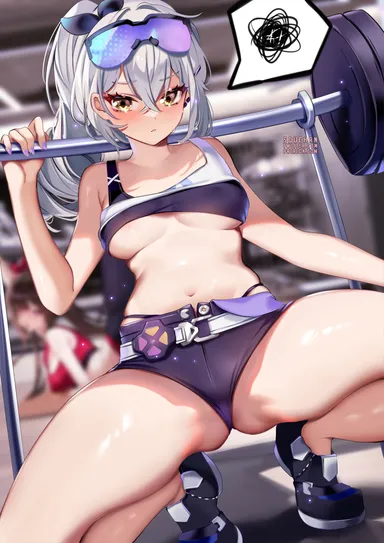 squchan, honkai: star rail, silver wolf (honkai: star rail), bangs, bare arms, bare legs, bare shoulders, black shorts, blurry, blush, breasts, collarbone, eyebrows visible through hair, eyewear on head, female, frown, grey hair, hair between eyes, holding, long hair, looking at viewer, medium breasts, midriff, navel, ponytail, shoes, short shorts, shorts, silver hair, sleeveless, small breasts, sneakers, solo, spoken squiggle, sports bra, squatting, squiggle, stomach, thighs, underboob, v-shaped eyebrows, blurry background, blurry foreground, depth of field