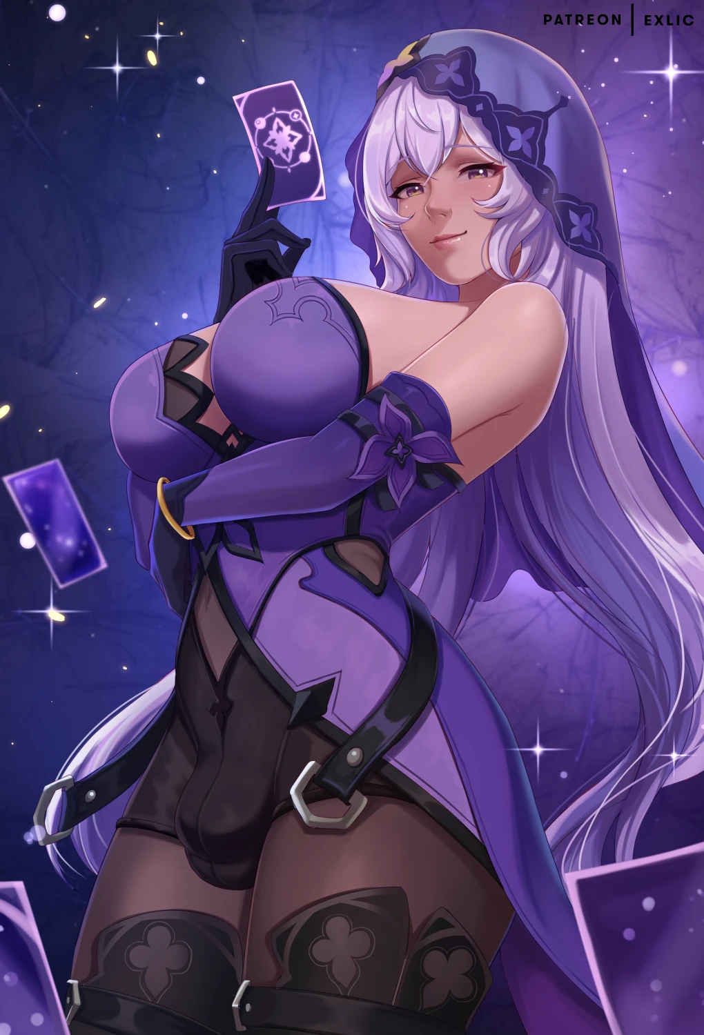 exlic, honkai: star rail, black swan (honkai: star rail), 1futa, bangs, big breasts, blush, breasts, buldge, clothed, clothing, erection, erection under clothes, fully clothed, futa only, futanari, human, light skin, long hair, purple clothing, purple hair, smile, solo, standing