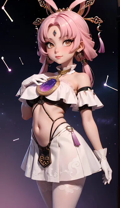 cortezian generations, honkai (series), honkai: star rail, patreon, fu xuan (honkai: star rail), 1girls, bare midriff, bare shoulders, blush, constellation, crop top, female, forehead jewel, gloves, gold eyes, hair ornament, hairbow, leash, long hair, low twintails, night sky, petite, pink hair, skirt, small breasts, smile, solo, stars, stockings, tassel, thick thighs, thighs, twintails, young, ai generated, hi res