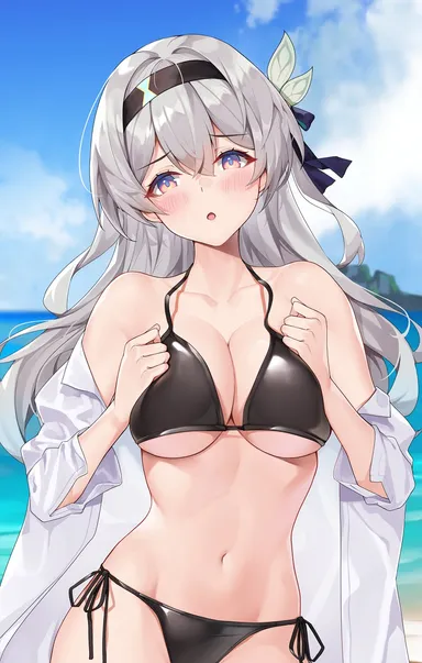 matrix16, honkai (series), honkai: star rail, firefly (honkai: star rail), :o, bare shoulders, bikini, black hairband, blue sky, breasts, cleavage, cloud, day, female, female only, grey hair, groin, hairband, head tilt, large breasts, long hair, looking at viewer, navel, off shoulder, open mouth, purple eyes, revealing clothes, shirt, side-tie bikini bottom, sky, solo, stomach, swimsuit, upper body, very long hair, highres