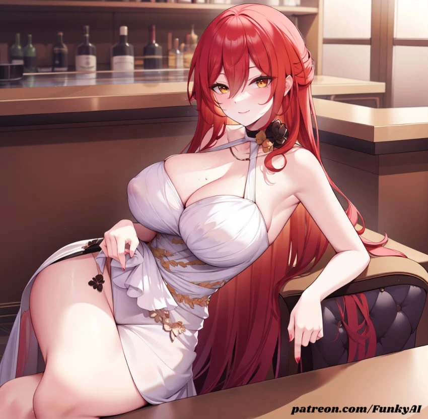 funkylewdai, honkai: star rail, himeko (honkai: star rail), big breasts, breasts, dress, red hair, white dress, yellow eyes, ai generated