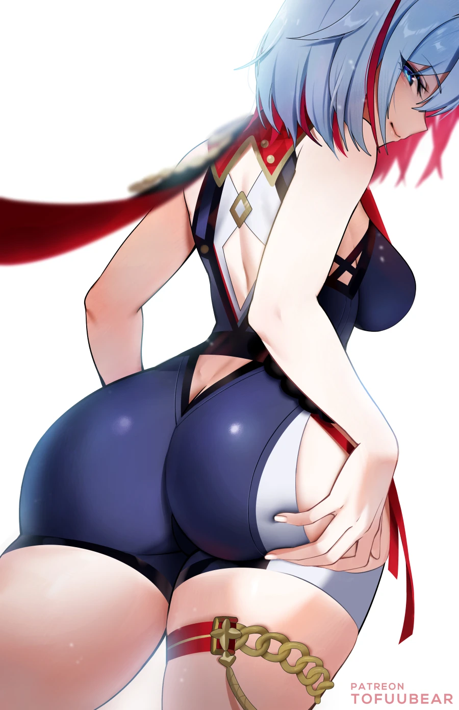 tofuubear, honkai (series), honkai: star rail, topaz (honkai: star rail), ass, ass focus, ass grab, bare shoulders, blue eyes, blush, breasts, butt crack, cameltoe, come hither, deep skin, female, from behind, from below, huge ass, large breasts, leotard, looking at viewer, looking back, looking down, medium breasts, multicolored hair, naughty face, red hair, scarf, short hair, short shorts, shorts, sideboob, smile, solo, thick thighs, thigh strap, thighs, two-tone hair, white hair