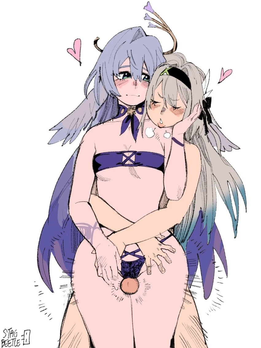 stagbeetle, honkai: star rail, mihoyo, firefly (honkai: star rail), robin (honkai: star rail), 1futa, 1girls, bikini, blue hair, blush, closed eyes, female, futa on female, futanari, grey hair, hand on face, heart symbol, heavy breathing, long hair, penis, penis through leghole, sex