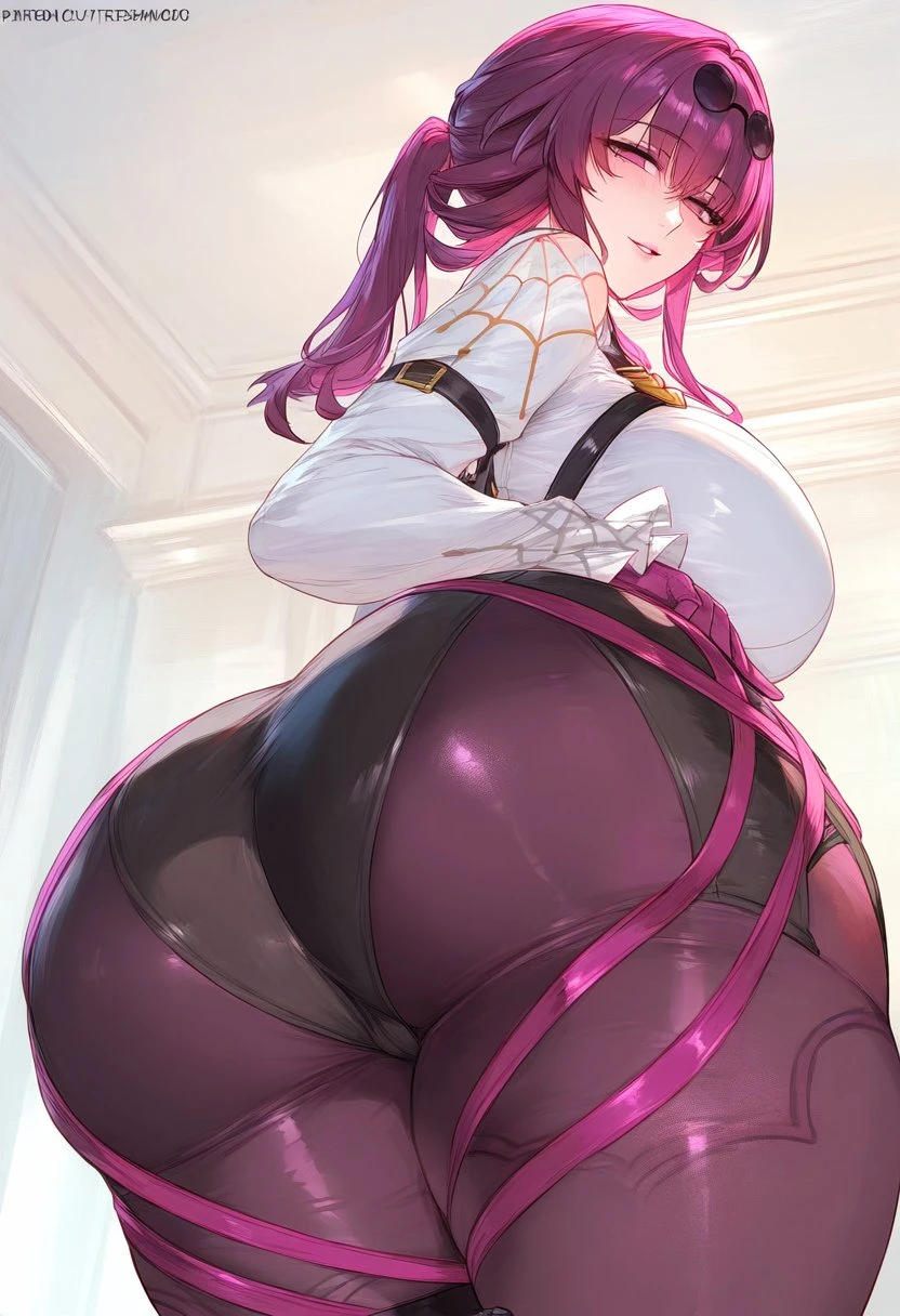 hydrolis999, guns girlz (series), honkai: star rail, kafka (honkai: star rail), 1girls, ass, ass focus, bangs, blush, breasts, clothing, completely nude, curvaceous, curvaceous female, curvaceous figure, curvy, curvy figure, eyewear, eyewear on head, female, female focus, female only, from behind, glasses, gloves, high-waist shorts, huge ass, inviting, inviting to sex, jacket, large breasts, long hair, long sleeves, looking at viewer, looking back, pantyhose, parted lips, ponytail, presenting, presenting ass, presenting hindquarters, purple eyes, purple hair, round eyewear, shirt, sidelocks, smile, solo, sunglasses, thick thighs, thighs, underwear, voluptuous, voluptuous female, white shirt, ai generated, cosplay, uncensored