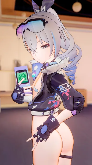 3dimmanimations, honkai: star rail, silver wolf (honkai: star rail), ass, bandaid, bandaids on nipples, breasts, clothing, drill hair, female pov, glasses, glasses on head, gloves, mirror, pasties, peace sign, phone, ponytail, pov, selfie, silver eyes, silver hair, smile, sweater, tied hair, 3d