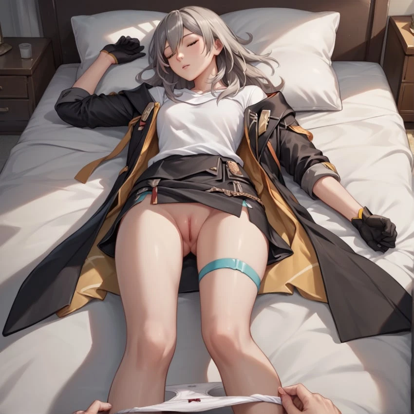 honkai (series), honkai: star rail, stelle (honkai: star rail), 1girls, grey hair, panties, panties down, pussy, sleeping, ai generated