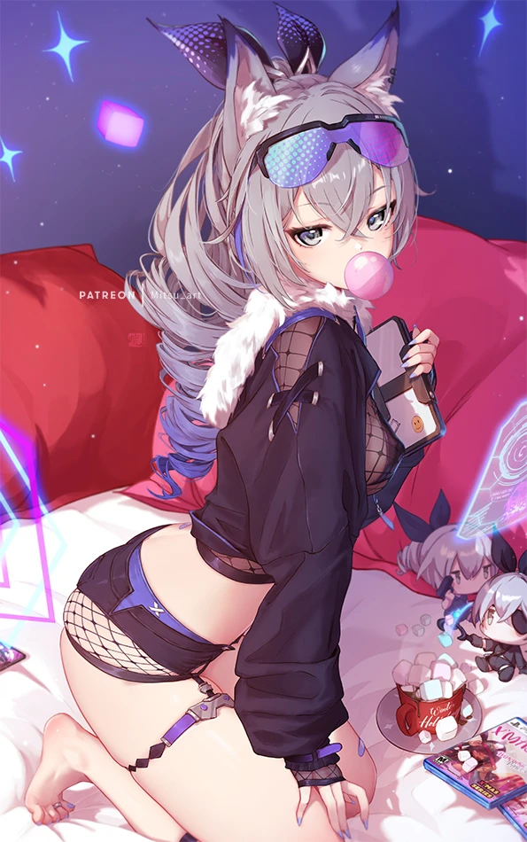 mitsu art, christmas, holidays, honkai: star rail, mihoyo, playstation, sony corporation, sony interactive entertainment, kafka (honkai: star rail), silver wolf (honkai: star rail), 5 fingers, 5 toes, accessory, animal humanoid, ass, band-aid, band-aid on back, band-aid on leg, bandage, barefoot, bed, beverage, black body, black bottomwear, black bra, black clothing, black footwear, black fur, black jacket, black ribbon, black shoes, black shorts, black topwear, black underwear, blue nails, bottomwear, bra, breasts, bubble gum, candy, canid, canid humanoid, canine, canine humanoid, character doll, chibi, chocolate, clothed, clothing, colored nails, container, cube (object), cup, dessert, drill curls, eye patch, eyebrow through hair, eyebrows, eyelashes, eyewear, eyewear on head, feet, female, fingers, fishnet, fishnet clothing, fishnet topwear, food, footwear, fur, fur trim (clothing), furniture, game case, glasses, glasses on head, glistening, glistening body, glistening clothing, glistening hair, glistening skin, gradient, gradient glasses, grey body, grey eyes, grey fur, grey hair, grey tail, gun, hair, hair accessory, hair ribbon, hand on leg, highlights (coloring), holding gun, holding object, holding staff, holding tablet, holding weapon, hot chocolate, humanoid, humanoid feet, humanoid hands, inner ear fluff, jacket, kneeling, long hair, looking at viewer, mammal, mammal humanoid, marshmallow, medium breasts, mitsu (mitsu art), multicolored body, multicolored fur, multicolored hair, nails, on bed, pillow, plantigrade, plate, playstation logo, purple background, purple band-aid, purple body, purple fur, purple highlights, purple ribbon, ranged weapon, red pillow, ribbons, shorts, simple background, skindentation, solo, squish, staff, thick thighs, thigh squish, thigh strap, tied hair, toes, topwear, translucent, translucent hair, tuft, underwear, weapon, white body, white fur, wolf humanoid, artist name