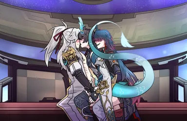 honkai: star rail, blade (honkai: star rail), dan heng, dan heng (imbibitor lunae), jing yuan, anal, black hair, blue hair, blush, chest, cum, desk, from behind, frottage, gay, horn, horns, male only, moaning, nipples, office, pants down, partially clothed, penis, ponytail, precum, sitting, tail, thighs, threesome, wet, white hair, yaoi