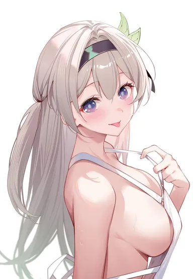 artist request, honkai: star rail, firefly (honkai: star rail), :p, blush, cute, large breasts, naked apron, pulled by self, sideboob, simple background, sweat, tease, teasing, upper body, white background