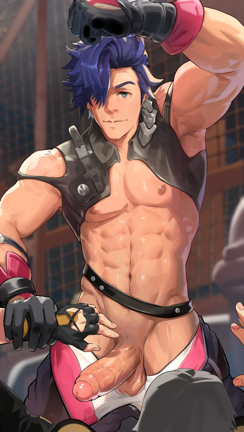 loegaku, honkai: star rail, sampo (honkai star rail), abs, arm up, balls, blue hair, erection, gear, gloves, green eyes, hair covering eye, looking at viewer, male, male only, muscular arms, muscular male, offscreen character, pecs, shaved crotch, testicles, unbuttoned pants, uncircumcised, uncut, unzipped pants, v-line, veins, veiny penis