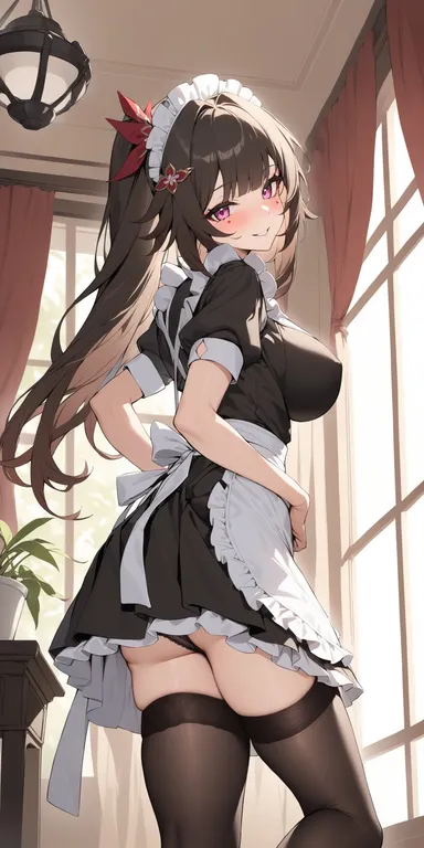 honkai: star rail, sparkle (honkai: star rail), 1girls, ass, big breasts, bra, brown hair, choker, clothing, dominant female, exhibitionism, legwear, long hair, maid, naughty face, panties, pink eyes, pussy, pussy lips, school uniform, skirt, skirt lift, teasing, thick thighs, upskirt, voluptuous, ai generated, hi res