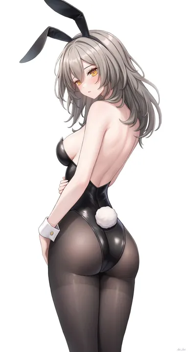 narijade, honkai (series), honkai: star rail, stelle (honkai: star rail), alternate costume, animal ears, ass, backless leotard, bare arms, bare back, bare shoulders, black hairband, black leotard, breasts, brown pantyhose, bunnysuit, cowboy shot, fake animal ears, fake tail, female, from behind, grey hair, headband, highleg, highleg leotard, leotard, long hair, looking at viewer, looking back, median furrow, medium breasts, pantyhose, parted lips, playboy bunny, rabbit ears, rabbit tail, sideboob, simple background, solo, standing, strapless, tail, thighs, white background, wrist cuffs, yellow eyes