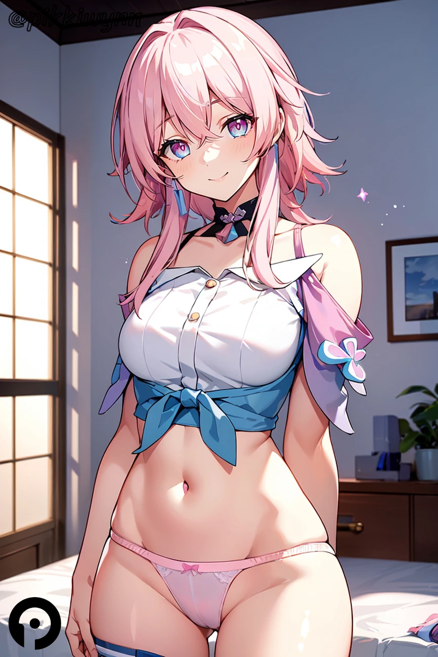 pikkiwynn, honkai (series), honkai: star rail, march 7th (honkai: star rail), bangs, bare shoulders, blue eyes, blush, breasts, closed mouth, clothes pull, collarbone, cowboy shot, crop top, earrings, female, indoors, jewelry, long hair, looking at viewer, medium breasts, midriff, navel, panties, pink hair, pink panties, shirt, smile, solo, stomach, thighs, underwear, white shirt, window, ai generated