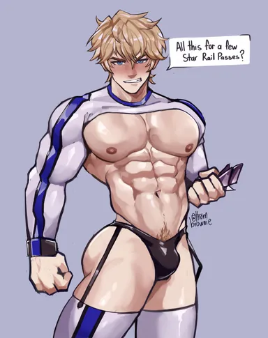 thombrownie, honkai: star rail, gepard (honkai: star rail), 1boy, bara, big pecs, blonde hair, blue eyes, blush, bulge, muscular male, nipples, thick thighs, underwear