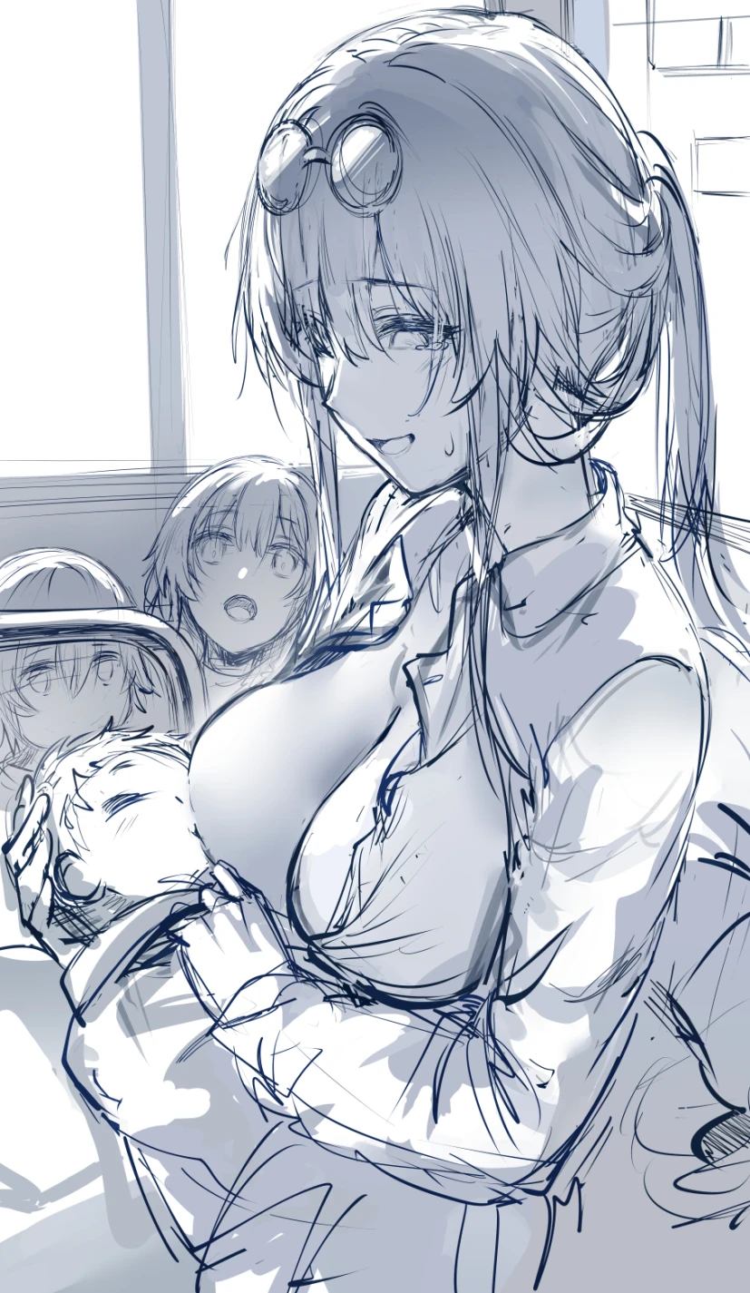 hews hack, honkai (series), honkai: star rail, kafka (honkai: star rail), baby, breast feeding, hospital bed, mother and daughter, sunglasses on head, tears, sketch