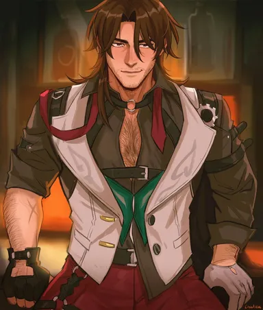 sombre slahc, honkai: star rail, gallagher (honkai: star rail), body hair, brown hair, chest hair, facial hair, fully clothed, gay, gloves, hairy, looking at viewer, male, male only, male pov, muscular, pants, pov, pov male, yaoi