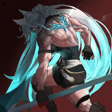 blainrot, honkai (series), honkai: star rail, hoyoverse, feixiao (honkai: star rail), axe, back tattoo, blue eyes, clothed, clothes, clothing, feral, feral female, fox, fox ears, fox girl, gloves, larger female, long hair, muscular, muscular female, shorts, taller female, tattoo, thighs, weapons, white hair