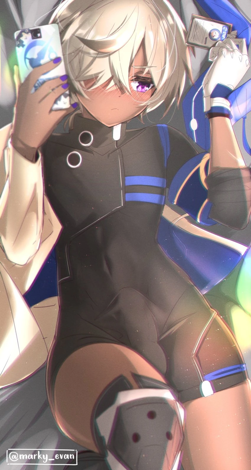 honkai (series), honkai: star rail, arlan (honkai: star rail), 1boy, androgynous, black bodysuit, blonde hair, blush, bodysuit, bulge, cellphone, closed mouth, dark skin, dark-skinned male, erection, erection under clothes, frown, gloves, hair over one eye, holding, holding phone, male focus, markyevan, phone, purple eyes, purple nails, selfie, short hair, single glove, smartphone, solo, white gloves, absurdres, highres, twitter username