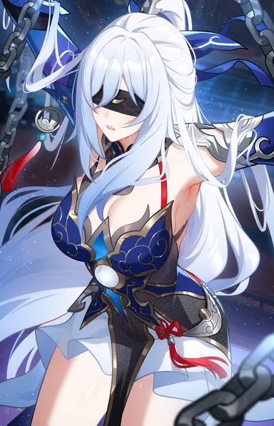 wu ganlan cai, honkai (series), honkai: star rail, jingliu (honkai: star rail), armpits, arms up, blindfold, blush, breasts, chains, covered eyes, eyes visible through hair, female, hair ornament, large breasts, long hair, parted lips, ponytail, solo, sweat, thighs, white hair, absurdres, chinese commentary, commentary request, highres