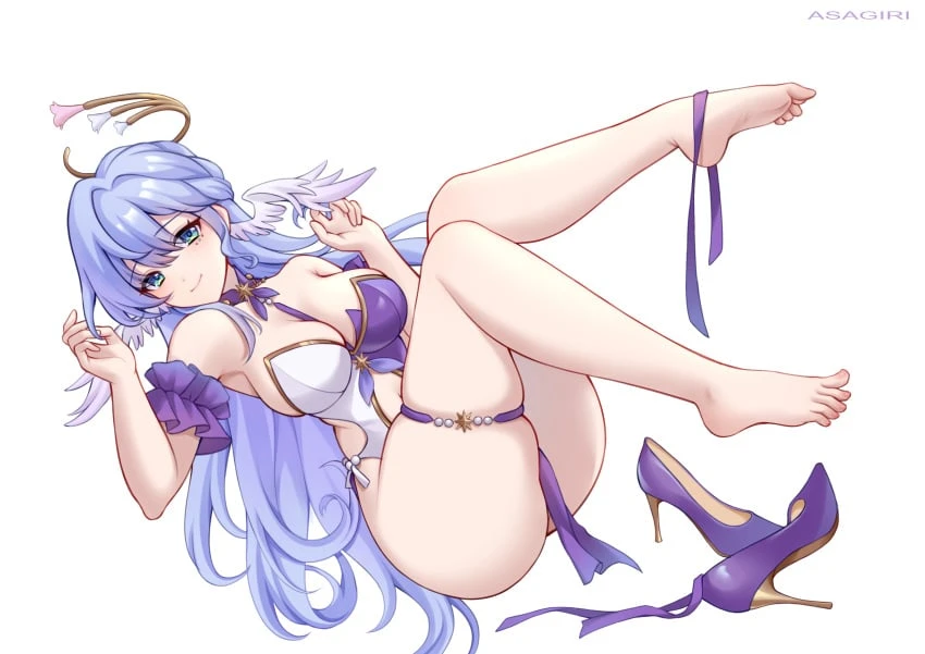 asagiri, honkai: star rail, robin (honkai: star rail), alternate costume, angel, blue eyes, blue hair, cleavage, clothed, clothing, feet, foot fetish, garter straps, heels, high heels, legs, thigh squish, thighs, toes