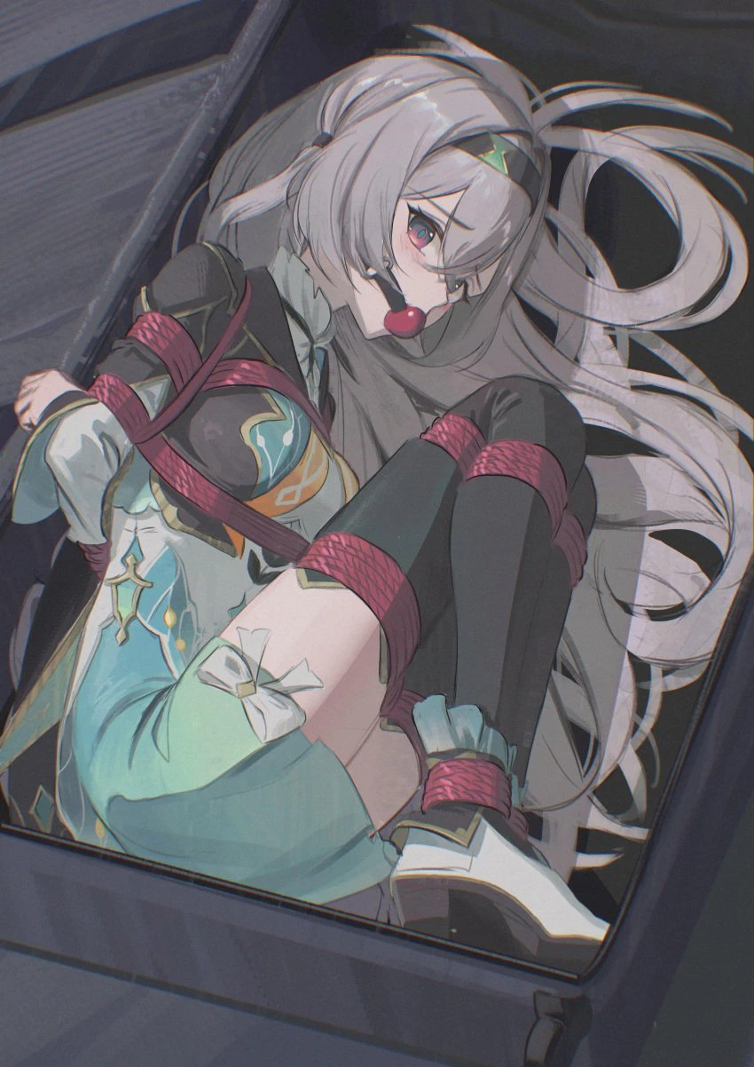 cailin020, honkai (series), honkai: star rail, firefly (honkai: star rail), 1girl, ankles tied, aqua skirt, arms behind back, arms bound, arms tied, arms tied behind back, ball gag, bdsm, black hairband, black jacket, black thighhighs, blue pupils, bondage, bondare, bound, bound ankles, bound arms, bound legs, bound thighs, bound torso, bound wrists, box, breast bondage, breasts, captive, captured, defeated, female, female only, femsub, fully clothed, gag, gagged, grey hair, hair between eyes, hair intakes, hair spread out, hairband, helpless, in box, in container, jacket, kidnapped, kidnapped girl, legs tied together, long hair, looking at viewer, lying, medium breasts, neckerchief, on side, orange neckerchief, powerless, red rope, restrained, restrained arms, restraints, rope, rope bondage, rope harness, shibari, shibari over clothes, skirt, slave, slavegirl, solo, submissive, submissive female, suitcase, suitcase bondage, thighhighs, tied, tied arms, tied hands, tied legs, tied up, two-tone eyes, absurdres, hi res, high resolution, highres, tagme