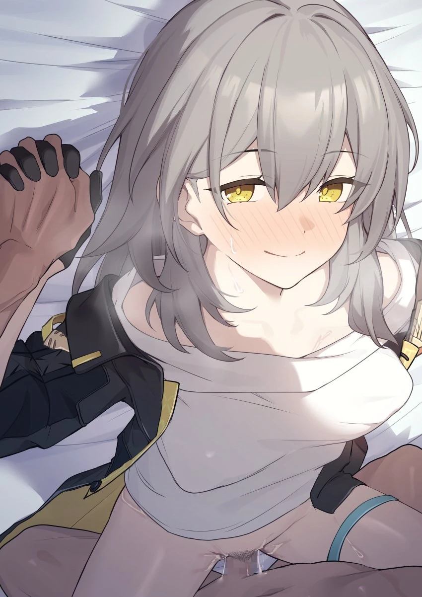 shirotategosha, honkai (series), honkai: star rail, stelle (honkai: star rail), trailblazer (honkai: star rail), 1boy, black gloves, black jacket, blush, breasts, closed mouth, female, gloves, grey hair, hair between eyes, holding hands, interlocked fingers, jacket, long hair, long sleeves, looking at viewer, lying, missionary, no panties, on back, open clothes, open jacket, penis, sex, shirt, smile, straight, white shirt, yellow eyes, absurdres, censored, highres, mosaic censoring