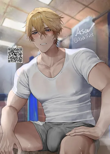 asaifrit, honkai: star rail, gepard (honkai: star rail), after shower, big penis, blonde hair, blue eyes, blush, chest, clothed, clothing, cock, erection, erection under clothes, male, male focus, male only, male tits, muscular, muscular male, nipples visible through clothing, pecs, pectorals, penis, solo, solo focus, solo male, tight clothing