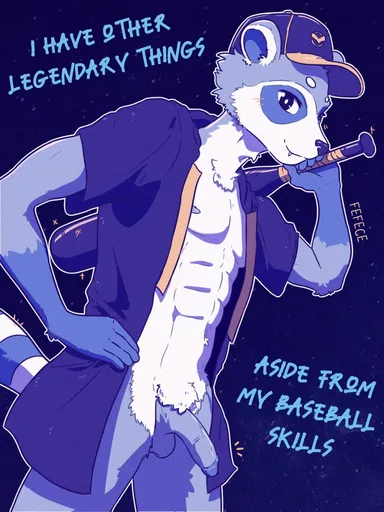 fefece, honkai: star rail, mihoyo, abs, anthro, baseball bat, baseball cap, bat (object), bottomless, clothed, clothing, galactic baseballer (honkai: star rail), genitals, hat, headgear, headwear, humanoid genitalia, male, mammal, procyonid, raccoon, solo, topwear, topwear only, hi res, text