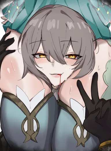 honkai (series), honkai: star rail, firefly (honkai: star rail), stelle (honkai: star rail), 2girls, asphyxiation, between legs, between thighs, blood, blush, choke hold, choking, female, female only, legs, peace sign, sandwiched, skirt, thick thighs, thighhighs, v, yuri