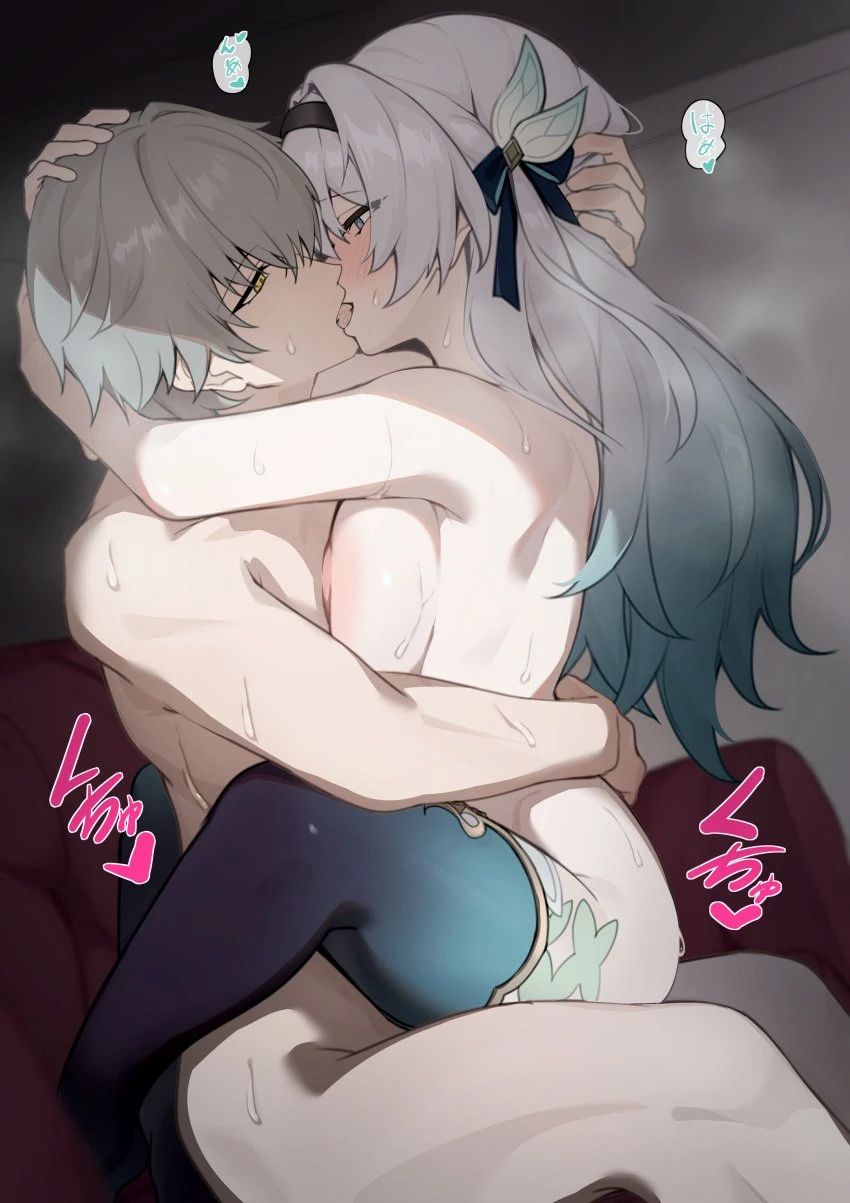 shirotategosha, honkai (series), honkai: star rail, caelus (honkai: star rail), firefly (honkai: star rail), trailblazer (honkai: star rail), 1boy, aqua hair, aqua thighhighs, black ribbon, black thighhighs, blue eyes, breast press, breasts, couch, female, french kiss, from side, gradient hair, gradient thighhighs, grey hair, hair ribbon, hairband, heart, hug, indoors, kissing, large breasts, long hair, looking at viewer, multicolored hair, nude, on couch, open mouth, ribbon, sex, short hair, sitting, straddling, straight, thighhighs, tongue, tongue out, two-tone hair, upright straddle, yellow eyes, absurdres, highres, translation request