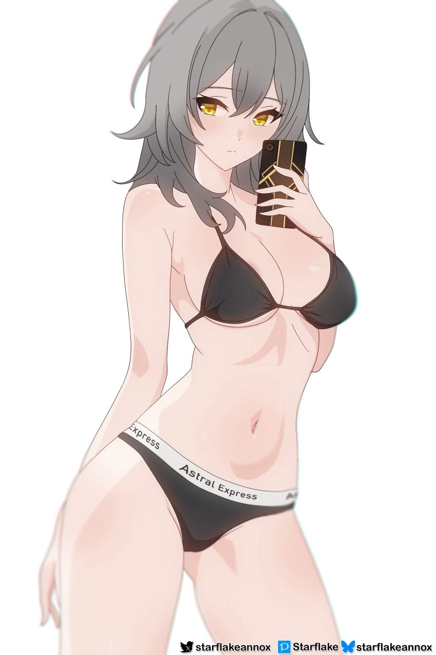 starflake (artist), honkai: star rail, stelle (honkai: star rail), 1girls, areolae, arm behind back, bare arms, bare ass, bare belly, bare butt, bare chest, bare legs, bare midriff, bare shoulders, bare skin, bare thighs, belly, belly button, black bra, black panties, black underwear, blush, blush lines, blushing female, bra, breasts, cleavage, cleft of venus, collarbone, dot nose, elbows, exposed, exposed arms, exposed belly, exposed legs, exposed midriff, exposed shoulders, exposed thighs, exposed torso, eyebrows visible through hair, female, female focus, female only, fingers, grey hair, grey hair female, groin, hair between eyes, hand behind back, hourglass figure, large breasts, legs, light skin, light-skinned female, long hair, looking at viewer, medium breasts, naked, naked female, navel, nipples, nude, nude female, panties, phone, pussy, selfie, shiny skin, shoulders, sideboob, simple background, slender body, slender waist, slim girl, slim waist, solo, sports panties, standing, taking picture, thick thighs, thighs, thin waist, underboob, underwear, upper body, v-line, white background, wide hips, yellow eyes, yellow eyes female, absurd res, absurdres, high resolution, highres, uncensored, uncensored breasts, uncensored nipples, uncensored pussy, uncensored vagina