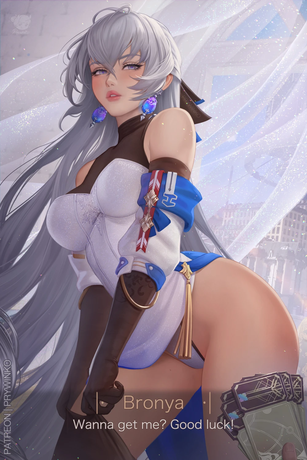 prywinko, honkai (series), honkai: star rail, bronya rand, arm scarf, bare shoulders, blue scarf, breasts, dress, earrings, female, gloves, grey eyes, grey hair, indoors, jewelry, long hair, looking at viewer, parted lips, scarf, thighhighs, white dress, window, artist name, character name, english text, highres, paid reward available