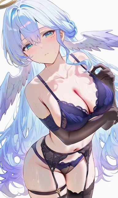 honkai (series), honkai: star rail, robin (honkai: star rail), 1girls, angel, angel wings, bra, breasts, curvaceous, curvy, curvy body, curvy female, curvy figure, female, female only, garter belt, garter straps, green eyes, large breasts, lingerie, panties, purple hair, solo, video games