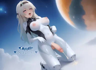 niraniri, honkai (series), honkai: star rail, firefly (honkai: star rail), black hairband, blush, bodysuit, breasts, covered navel, covered nipples, cum, ejaculation, female, futanari, hairband, handsfree ejaculation, headband, kneeling, long hair, nipples, open mouth, penis, planet, skin tight, solo, space, tongue, tongue out, white bodysuit, absurdres, ai generated, highres