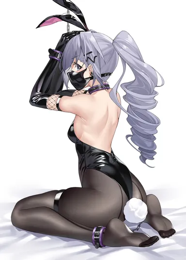 ginklaga, honkai (series), honkai: star rail, silver wolf (honkai: star rail), animal ears, ass, bare shoulders, bed sheet, black gloves, black leotard, bound, bound wrists, breasts, brown pantyhose, drill hair, ear piercing, fake animal ears, fake tail, female, fishnet gloves, fishnets, gloves, hands up, leotard, long hair, looking back, mask, medium breasts, mouth mask, no shoes, pantyhose, piercing, ponytail, rabbit ears, rabbit tail, restrained, shiny clothes, sideways glance, sitting, skindentation, tail, thigh strap, wariza, white background, highres, simple background