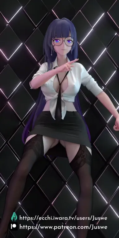 honkai (series), honkai impact 3rd, raiden mei, alternate costume, bangs, black footwear, black legwear, black neckwear, black skirt, blue eyes, blue hair, blush, breasts, brown bag, collared shirt, completely naked, completely naked female, completely nude, completely nude female, dance, dancing, female, glasses, handbag, indoors, juswe, large breasts, long hair, long sleeves, looking at viewer, mei (honkai), naked, nude, nude female, office lady, pantyhose, shirt, skirt, white shirt, 3d, animated, highres, longer than one minute, lowres, mmd, mp4, music, sound, tagme, video