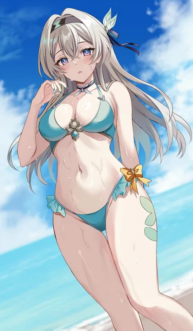 harimoji, honkai (series), honkai: star rail, firefly (honkai: star rail), 1girls, alternate costume, beach, belly button, bikini, bikini bottom, bikini top, bra, clouds, day, female, female focus, female only, front view, grey hair, light skin, light-skinned female, long hair, looking at viewer, medium breasts, navel, ocean, outdoors, sky, slim girl, solo, solo female, solo focus, standing, summer, swimsuit, thong, thong bikini, two piece swimsuit, water, wet, wet body, young, younger female, 2024, 2d, 2d (artwork)