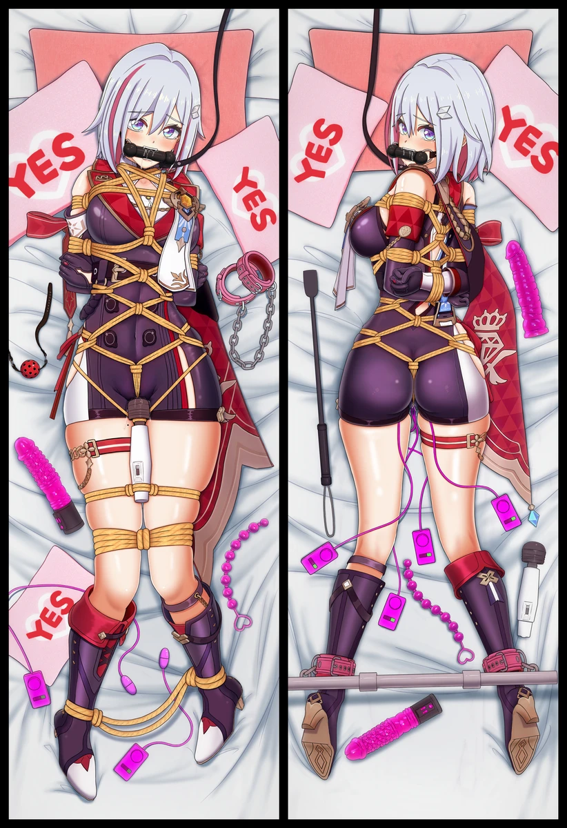 honkai (series), honkai: star rail, topaz (honkai: star rail), 1girls, ass, ass focus, bed, bit gag, bondage, bound, collar, gag, leash, leashed collar, pillow, pillows, vibrator, vibrator in pussy, white hair, dakimakura, dakimakura design