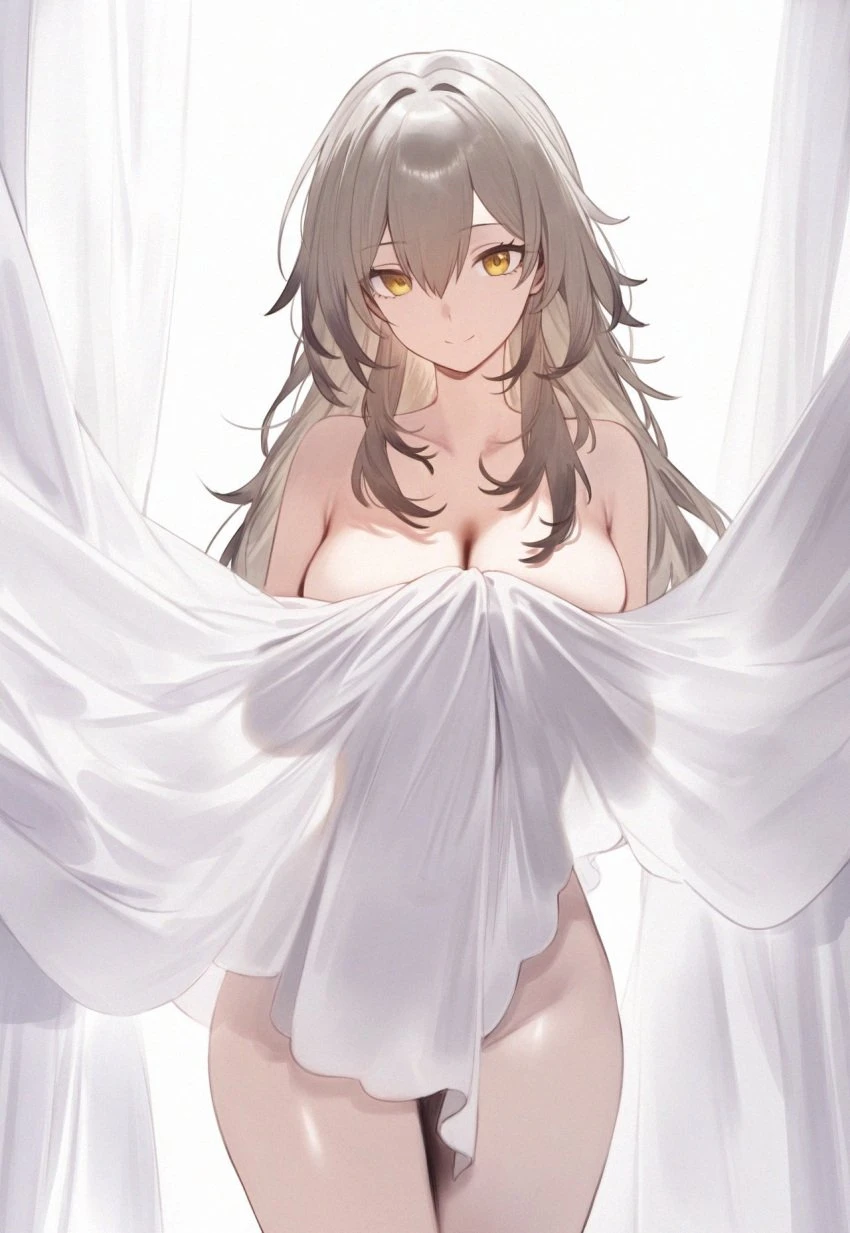 honkai: star rail, stelle (honkai: star rail), covering, curtains, nude, pale skin, see-through