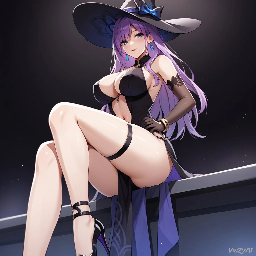 vinzyai, honkai: star rail, jade (honkai: star rail), big breasts, breasts, cleavage, cowboy shot, dress, female, long hair, purple hair, thigh strap, thighs, ai generated, hi res