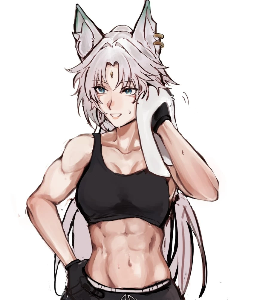 honkai: star rail, feixiao (honkai: star rail), abs, fox, fox ears, fox girl, muscular female, sweat, sweating, workout, workout clothes