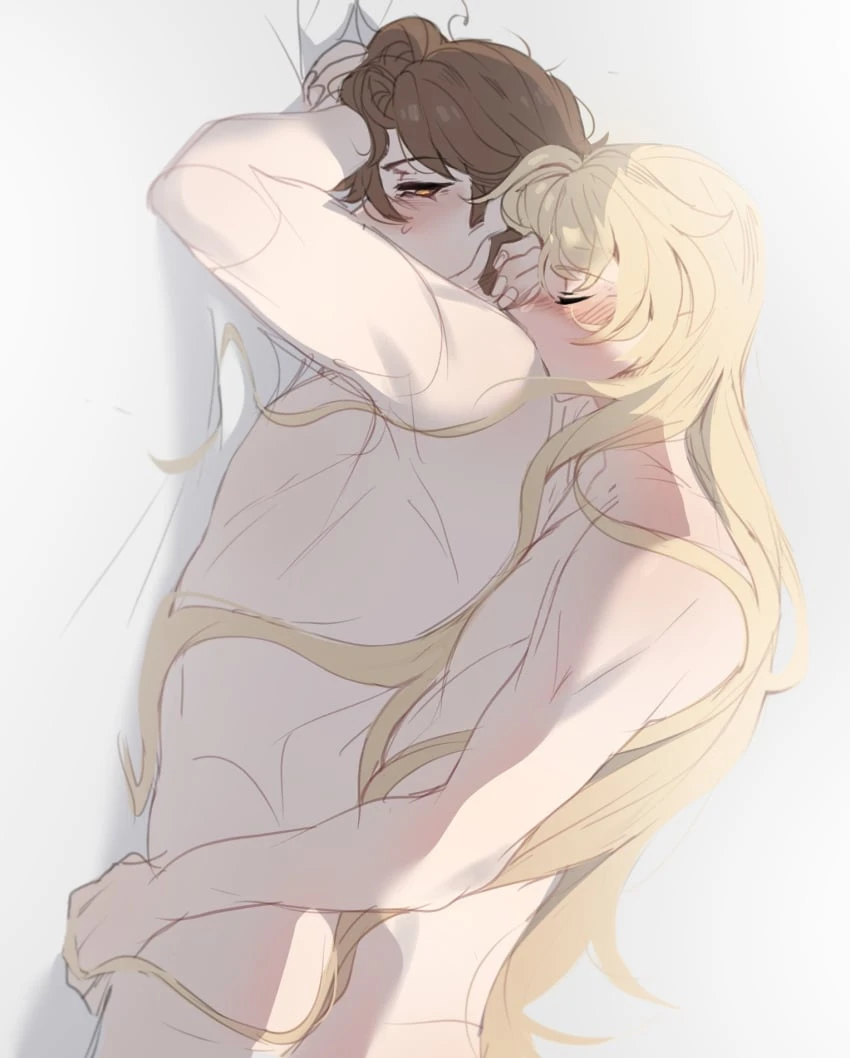 ilewdha, honkai (series), honkai: star rail, luocha (honkai: star rail), welt yang (honkai: star rail), after sex, asleep, blonde hair, blonde hair male, blush, closed eyes, flustered, gay, long hair, on back, very long hair, yaoi