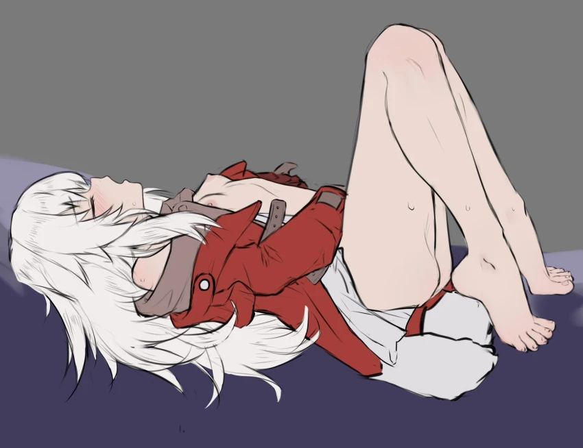 chernyyvo, honkai (series), honkai: star rail, clara (honkai: star rail), 1girls, aged up, barefoot, blush, breasts, feet, female, female masturbation, female only, from side, full body, jacket, knees up, legs, long hair, lying, masturbation, nipples, on back, red jacket, small breasts, solo, toes, white hair, young, highres